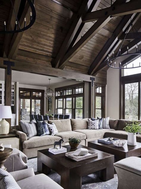 Gorgeous lodge style home with modern twist in Washington wine country Lodge Style Home, Casas Country, Modern Lodge, Rustic Luxury, Modern Rustic Living Room, Interior Design Rustic, Transitional Modern, Lodge Style, Luxury Interiors