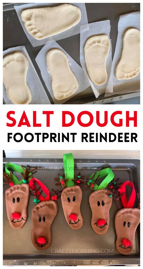 Salt Dough Footprint Reindeer Ornaments- such a cute christmas craft for kids to make! Fun homemade ornaments for gifts for parents or grandparents. DIY project for keepsakes! Recipe for salt dough footprint ornaments. Salt Dough Footprint, Grandparents Diy, Baby Christmas Crafts, Juleverksted For Barn, Jul Diy, Diy Jul, Preschool Christmas Crafts, Gifts For Parents, Christmas Crafts For Kids To Make