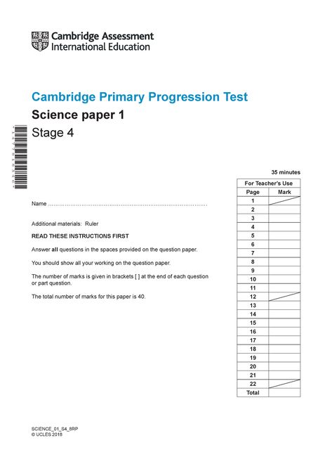 Cambridge Primary Progression Test - Science 2018 Stage 4 - Paper 1 Question - SCIENCE_01_S4_© UCLES - Studocu Cambridge Primary, Previous Question Papers, Primary Books, High School Books, Sentence Correction, Primary English, Science Questions, Primary Science, Past Exam Papers