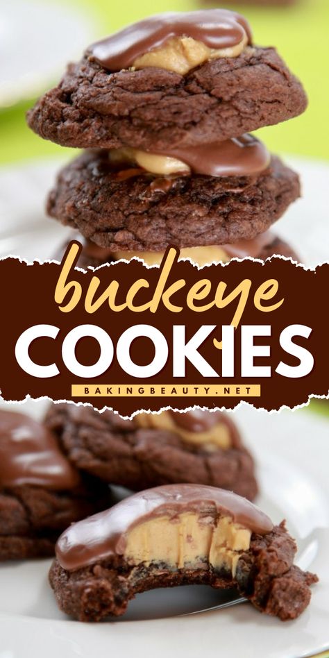 My Buckeye cookies have a chewy fudge brownie base and are topped with creamy peanut butter and rich chocolate.  These decadent cookies are perfect for any time you're craving a chocolate treat. Fudge Brownie Cookies, Buckeye Brownie Cookies, Chewy Fudge, Buckeye Cookies, Buckeyes Recipe, Peanut Butter Icing, Easy Christmas Cookie Recipes, Fudge Cookies, Fudge Brownie