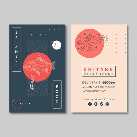 Vertical business card template for japa... | Premium Vector #Freepik #vector #business-card #food #business #card Ad Layouts Ideas, One Sided Business Card Design, Japanese Business Card, Graphic Design Restaurant, Visit Card Design, Post Card Design, Visit Cards, Visit Card, Art Business Cards