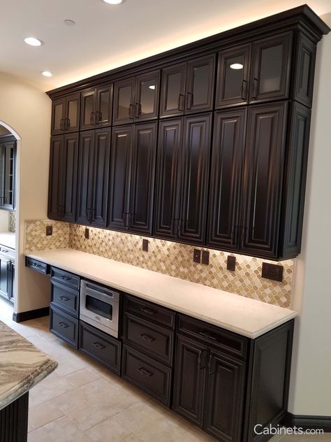 Dark Espresso Kitchen Cabinets, Espresso Cabinets Kitchen, Glass Upper Kitchen Cabinets, Expresso Cabinets, Kitchen With Dark Brown Cabinets, Stacked Cabinets, Dark Brown Kitchen Cabinets, Dark Brown Kitchen, Dark Brown Cabinets Kitchen