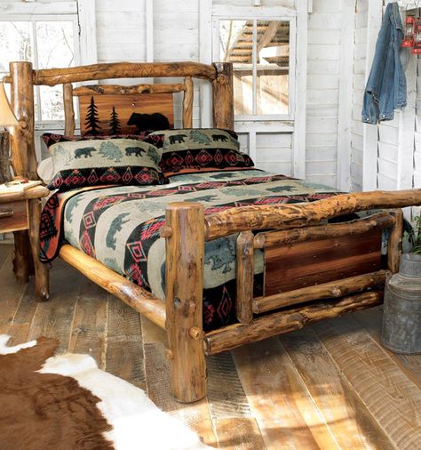 Log Bed Frame, Wood Furniture Bedroom Decor, Mountain Cabin Decor, Western Things, Rustic Bed Frame, Log Bed, Rustic Bedroom Furniture, Rustic Headboard, Wood Bedroom Furniture