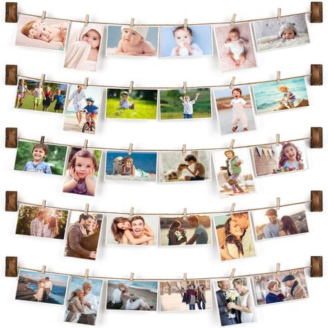 PRICES MAY VARY. 【Fashionable Picture Frames for Wall】This 35 inch length of hanging photo display has 5 Strings with 30 Clips, could hold 30 photos, 20 postcards, 40 tickets or memos, could solve the problem that you have many photos but they are too large or small. Show your fond life, family love, friendship, your journey or every pretty detail perfectly. 【Unique DIY Photo Frame Display】Wood picture frame for wall displays your photos in an uninhibited way, it fits all sizes and you can easil Hanging Photo Display, Frames Collage, Multi Picture Frames, Diy Photo Display, Photo Wall Hanging, Photo Wall Display, Frame Wall Collage, Wall Collage Decor, Exposition Photo