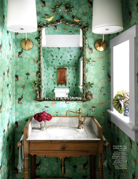 From House Beautiful, June 2019 issue Mushroom Forest Wallpaper, Staff Quarters, Custom Banquette, Hampton Garden, Vintage Sconces, Mushroom Forest, Shelter Island, Custom Shades, How To Install Wallpaper