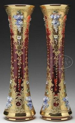 Moser Glass; Vases (2), Cranberry & Gilt, Flower Clusters, Blue & White, 20 inch. Moser Glass Bohemian, Moser Glass, Bohemia Glass, Glass Engraving, Cranberry Glass, Crystal Glassware, Gorgeous Glass, Antique Decor, Glass Vases