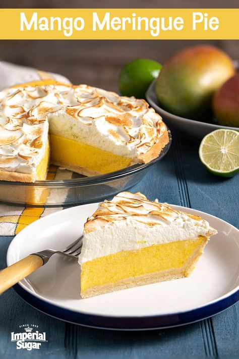 Why should lemon meringue get all the love? The #tropical goodness of fresh #mango flavor shines in this Mango #Meringue #Pie. A buttery crust is filled with a sweet and tasty mango filling and topped with a pillowy meringue topping. Chef Eddy worked on many different variations to obtain the deepest mango flavor possible in this simple, easy, and delectable pie #recipe. The perfect #summer #dessert. For more pie, cobbler and tart recipes visit www.imperialsugar.com. #imperialsugar Mango Meringue, Mango Filling, Meringue Recipes, Mango Pie, Mango Tart, Meringue Topping, Mango Dessert, Dessert Simple, Cook Recipes