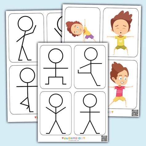 Printable flashcards Stick Figure for preschool fitness at home or in kindergarten. Print free worksheets and make cool and fun sport activity with children. Mimic Me Cards, Preschool Gym, Workout For Kids, Preschool Activity Sheets, Memory Training, Card Workout, Critical Thinking Activities, Printable Flashcards, Physical Activities For Kids