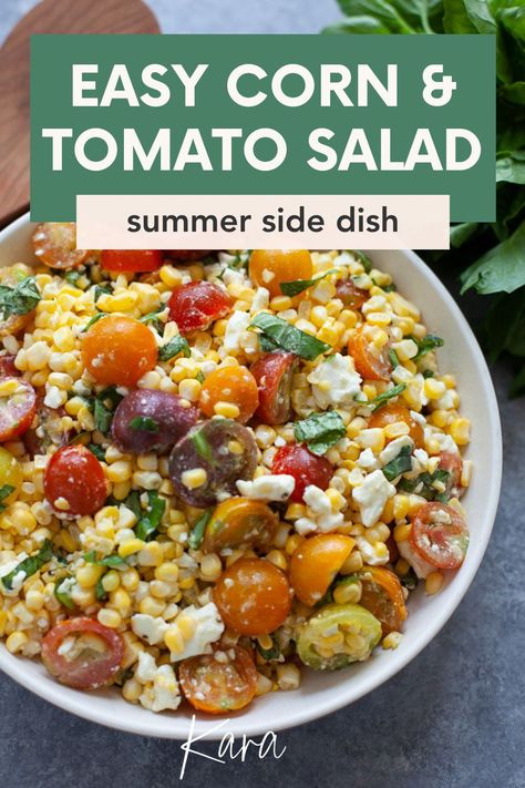 This refreshing corn salad recipe only calls for a handful of ingredients! You only need 6 ingredients to make this easy tomato salad with corn and feta cheese. It's the perfect summer side dish for grilling and BBQs! Corn And Tomato Salad, Summer Corn Salad Recipe, Corn Salad Recipe, Corn And Bean Salad, Orange Salad Recipes, Corn Tomato Salad, Feta Pasta Salad, Cobb Salad Recipe, Satisfying Salads