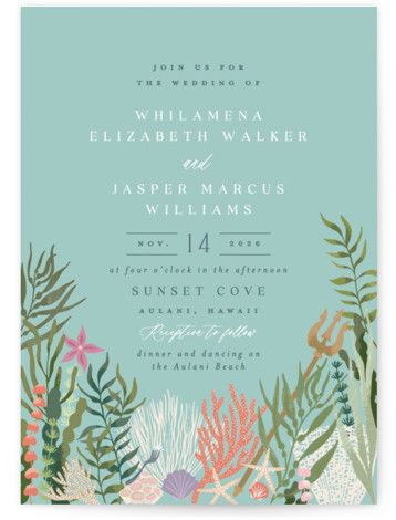 Created for you by Minted’s global community of designers our invitation designs will set the perfect tone for your wedding day. With unique designs printed on luxe paper all wedding invitations are available with several matching accessories. If you have any questions or special requests for your invitations please email us . Little Mermaid Wedding, Part Of Your World, Grand Wedding, Sea Baby Shower, Four O Clock, Green Wedding Invitations, Matching Accessories, Little Mermaid, Mermaid Wedding