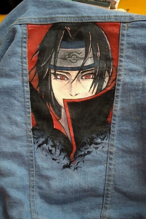 It's like forever I've been thinking of doing this...finally have done! #jacketanime Anime Fabric Painting, Anime Painted Jacket, Anime Denim Jacket, Jacket Reference, Anime Jacket, Customised Denim Jacket, Denim Diy Clothes, Naruto Painting, Custom Sneakers Diy