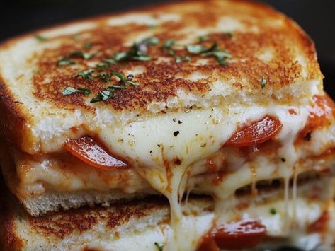 Get Cheesy with This Gooey Pizza Grilled Cheese Recipe! - NewsBreak Pizza Grilled Cheese Recipes, Banana Blueberry Oatmeal Muffins, Pizza Grilled Cheese Sandwich, Cheesy Meatloaf, Gumbo Recipe Sausage, Hush Puppies Recipe, Pizza Grilled Cheese, Grilled Cheese Recipe, Comfort Desserts