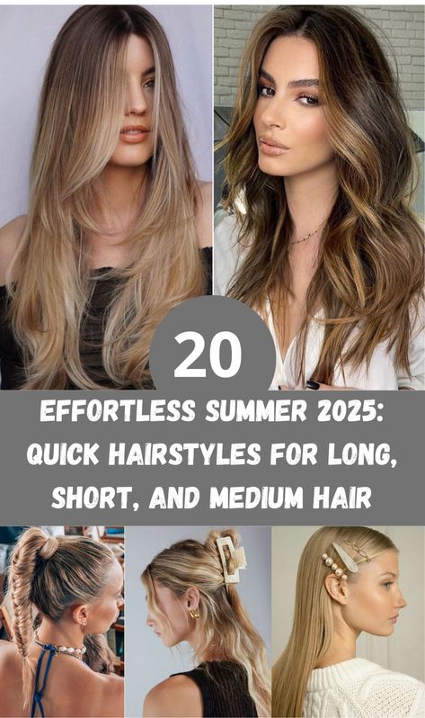 This summer, convenience meets fashion with quick hairstyles designed for every hair length. Whether you're rocking long beach waves, a chic bob, or something in between, summer 2025 is all about low-maintenance looks that keep you cool and stylish. Try messy buns, half-up styles, or loose braids for a relaxed vibe during beach outings or brunches. If you're short on time, sleek ponytails, headbands, a Brunch Hairstyles, Long Beach Waves, Chic Bob, Beach Hairstyles Medium, Loose Braids, Messy Buns, Summer 2025, Sleek Ponytail, Sleek Hairstyles