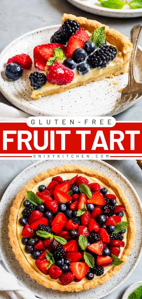 This classic French gluten-free fruit tart has a vanilla pastry cream spread into a gluten-free tart crust and topped with glistening fresh berries. This buttery grain-free tart crust is enriched with egg yolks for a crisp shortbread cookie-like texture made of almond and coconut flour. Gluten Free Fruit Tart, Yogurt Cheesecake, Pizza Sugar Cookie, Almond Crust, Healthy Fruit Desserts, Light Dessert, Fruit Tart Recipe, Healthy Summer Desserts, Tart Filling