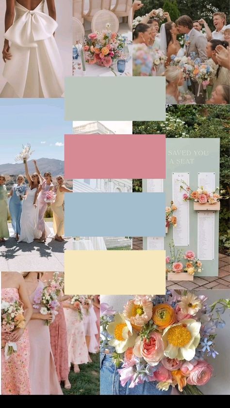 pastel summer wedding pallete inspo Floral Pastel Color Palette, Wedding Pastel Colors Bridesmaids, Color Scheme Party Ideas, Wedding Theme Spring Colors, Wedding Color Palette 2024 Summer, Wedding Mood Board Spring, Wedding Colours Scheme, Summer Colours Wedding, Summer Wedding Pastel Colors