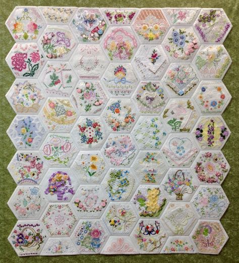 Patch Stitches, Repurposed Embroidery, Upcycle Embroidery, Handkerchief Quilts, Bee Quilts, Rhonda Dort, Quilt Boards, Crazy Design, Hexagon Patchwork