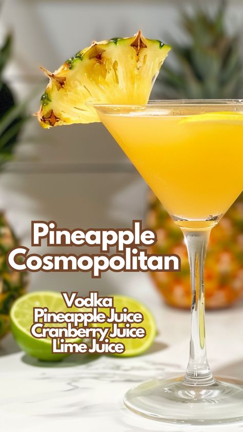 It’s a refreshing twist on the classic Cosmo, swapping traditional ingredients for pineapple juice, which adds a fruity punch. This cocktail is perfect for those who enjoy a sweet yet slightly tart flavor. The combination of vodka, cranberry, and citrus notes creates a balanced drink that’s enjoyable at any gathering. #pineapplecosmopolitan via @mybartender Vodka Grenadine Cocktails, Cranberry Pineapple Drink For Women, Fun Vodka Cocktails, Pineapple Cosmopolitan, Simple Summer Cocktails, Summer Party Drinks, Yellow Cocktails, Bar Attire, Brunch Cocktail Recipes