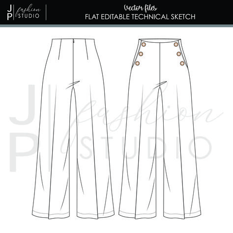 Garment Flat Sketches, Pants Sketch Fashion Illustrations, Pants Technical Drawing Women, Pant Flat Sketch, Sailor Pants Pattern, Pant Illustration, Jean Illustration, Pants Technical Drawing, Flat Sketches Fashion