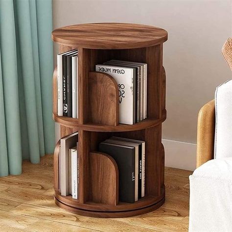 Unique Sitting Area, Wood Items Home Decor, Bohemian Corner Desk, Cozy Dramatic Living Room, Small Storage Furniture, Book Groove Table, Reading Nook Standing Shelves, Terracotta Bookshelf, Round Top Bookshelf