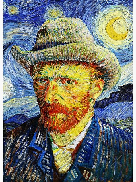 "Vincent Van Gogh Portrait Starry Night" Poster by ind3finite | Redbubble Van Gogh Merch, Starry Night Sticker, Vincent Van Gogh Portrait, Altered Clocks, Starry Night Poster, David Bowie Fan Art, Van Gogh Aesthetic, Van Gogh Portrait, Van Gogh Drawings