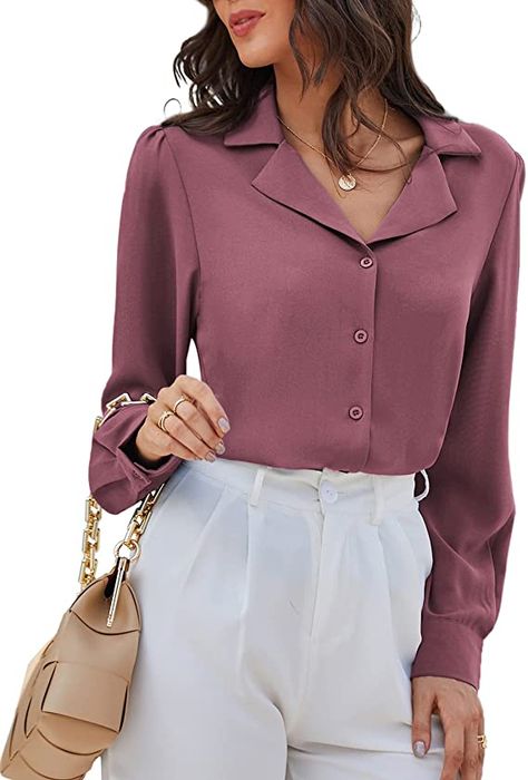 Women Blouses Fashion Casual, Formal Shirts Women, Formal Shirt Design, Silk Blouse Outfit, Women Shirt Designs, Business Casual Top, Business Casual Shirts, Women's Button Down Shirt, Dress Shirts For Women