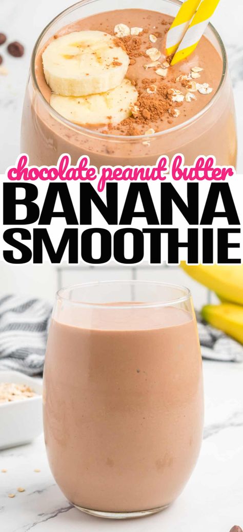 Make this deliciously simple and tummy-filling to-go Chocolate Peanut Butter Banana Smoothie your new go-to breakfast! #RealHousemoms #chocolate #peanutbutter #banana #smoothie #drink #breakfast #healthy Choc Peanut Butter Smoothie, Peanut Butter Banana Chocolate Smoothie, Chocolate Peanut Butter Banana Smoothie, Drink Breakfast, Smoothie Without Banana, Peanut Butter Shake, Chocolate Banana Smoothie, Chocolate Peanutbutter, Chocolate Peanut Butter Smoothie