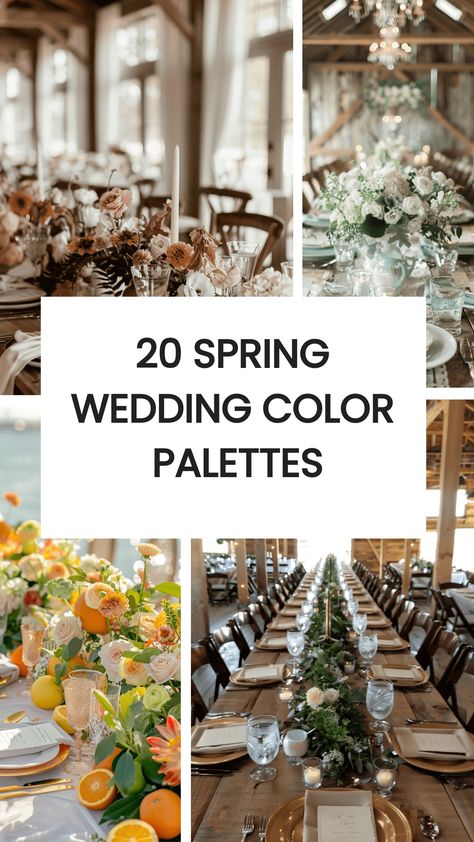 Check out these 20 Spring Wedding Color Palettes for inspiration for your special day! Spring is such a wonderful time to get married. It’s the season when everything comes back to life, trees start to grow fresh, green leaves, flowers bloom, and the world just feels more vibrant and it's the perfect time to host your wedding. Rustic Spring Wedding Colors, March Wedding Colors, April Wedding Colors, June Wedding Colors, Eloping Ideas, Green Spring Wedding, Elegant Wedding Colors, Boho Wedding Colors, Rustic Spring Wedding