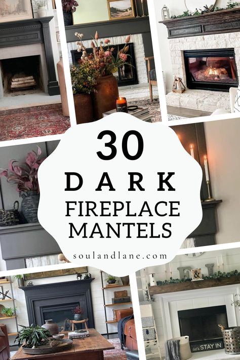 Embrace the bold beauty of dark fireplace mantels, designed to infuse your space with a statement of sophistication and drama. These mantels, with their deep shades and striking presence, become the centerpiece of any room, offering a dramatic backdrop for the dancing flames. Whether paired with minimalist decor for a modern look or ornate accessories for a more traditional vibe, dark mantels provide a versatile foundation for your decorating style. Ideal for those looking to add an element of g Black Fireplace Mantel Paint, Moody Mantle, Black Fireplace Mantel Decor, Moody Fireplace Wall, Dark Fireplace Mantle, Faux Mantle Ideas, Dark Fireplace Wall, Black Fireplace Mantel, Dark Fireplace