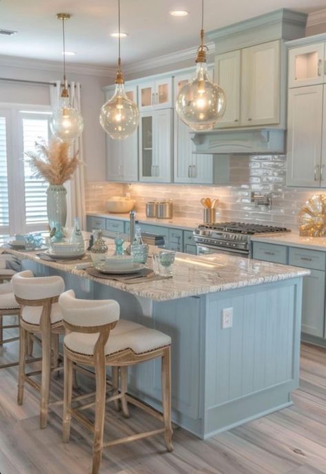 Beach House Small Kitchen, Coastal Living Kitchen Ideas, Coastal Theme Kitchen, Coastal Granddaughter Kitchen, Beachy Home Aesthetic, Beach Theme House Interior Design, Luxury Coastal Interiors, Costal Kitchen Aesthetic, Coastal Bloxburg Kitchen