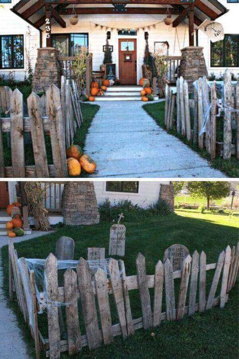 Halloween Outdoor Decorations Ideas, Diy Halloween Outdoor Decorations, Pallet Halloween Decorations, Outdoor Decorations Ideas, Diy Halloween Outdoor, Halloween Fence, Pallet Halloween, Halloween Decorations Diy, Scary Halloween Decorations Outdoor