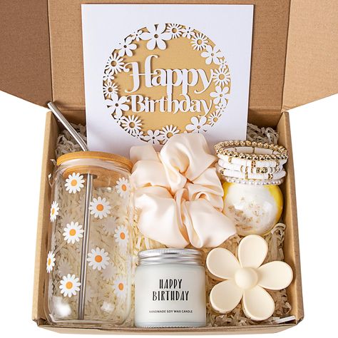 PRICES MAY VARY. What's In The Box: This thoughtfully curated gift set includes a 16oz retro flowers coffee glass cup with a bamboo lid and straw, a HAPPY BIRTHDAY candle, a bath bomb, a flower hair clip, a silk scrunchie, a set of clay beaded bracelets, a paper cut happy birthday card, and a cute box package with paper filling. Happy Birthday Gift Box: Delight your mother, friend, significant other, teen girl, daughter, wife, or girlfriend with this beautifully curated birthday gift box. Unlike Birthday Gifts For Coworkers, Good Birthday Gifts, Daisy Aesthetic, Starbucks Orders, Glowforge Ideas, Aesthetic Glass, Cup Gift Set, Birthday Basket, Flowers Coffee