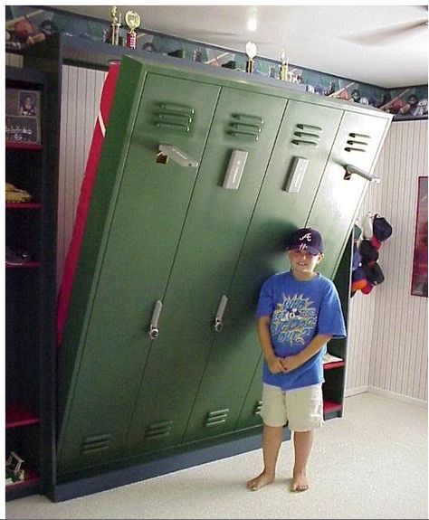 10 Hidden Beds Ideas. I love the baseball theme for my son Hidden Beds, Bed Project, Horizontal Murphy Bed, Baseball Bedroom, Beds Ideas, Murphy Bed Ikea, Baseball Room, Hidden Bed, Murphy Bed Plans