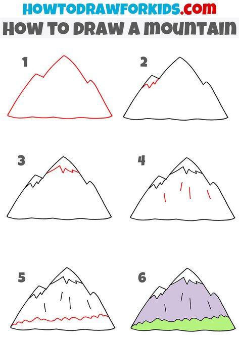 How To Draw A Mountain, Draw A Mountain, How To Draw Mountains, Directed Drawing Kindergarten, Landscape Drawing Tutorial, Third Grade Art, Cartoon Style Drawing, Mountain Drawing, Art Demo