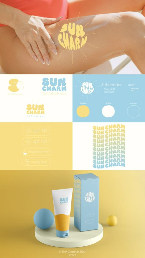 Brand board for Sun Charm, a sunscreen brand that radiates beauty and protection. As a brand designer, I specialize in transforming businesses into unforgettable brands. Discover more of my work and get inspired on Instagram. Let's collaborate to create a brand that leaves a lasting impression. Contact me today to elevate your business with an unforgettable brand identity. Sunscreen Branding Design, Sun Branding Design, Sunscreen Branding, Pool Branding, Bra Packaging, Summer Logo Design, Sunscreen Packaging Design, Summer Branding, Sun Logo Design