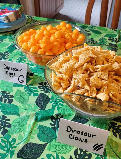 How to Throw a Roaring Three Rex Birthday Party on a Budget - Beautifully Busy Mom Jurrasic Park 2nd Birthday Party, Dinosaur Birthday Party Snack Ideas, Snacks For Dinosaur Birthday Party, Three Saurus Party, 3 Rex Bday Party, Three Rex Birthday Party Centerpieces, Three Rex Birthday Food, T Rex 3rd Birthday, Dino Birthday Snacks