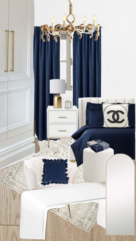 Navy Dorm, It Girl Room, Blue Themed Bedroom, Bedroom Navy, Navy Bedrooms, Dads Room, Dressing Room Decor, Preppy Room, Room Inspiration Bedroom