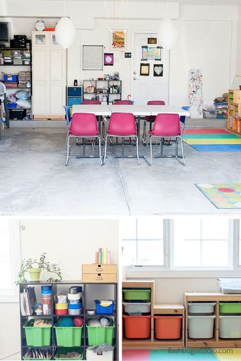 Garage School Room, Garage Playroom Conversion, Garage Art Studio Ideas, Garage Clubhouse, Outdoor Playroom, Playrooms Ideas, Kids Art Station, Art Studio Ideas, Homeschooling Organization