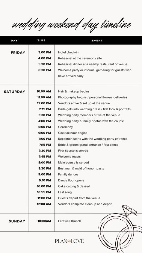 Ensure your wedding weekend runs smoothly with our wedding weekend itinerary guide. Our sample template will help you plan every detail, from the rehearsal dinner to the post-wedding brunch. Make your wedding weekend unforgettable with our guide. Check it out now! Evening Wedding Itinerary, Day Of Wedding Itinerary, Wedding Planning Itinerary, 3 Day Wedding Itinerary, Wedding Rehearsal Itinerary, Itinerary Template Wedding, Backyard Wedding Itinerary, Wedding Iterinary, Wedding Rehearsal Timeline Template