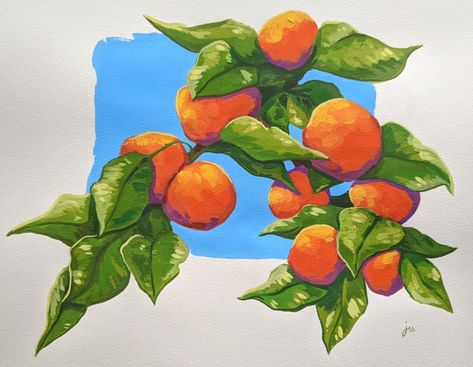 Oranges Gouache Painting, Guache Leaves, Orange Gouache Painting, Gouache Painting Fruit, Realistic Gouache Painting, Easy Guache, Mandarin Painting, Gouache Orange, Orange Fruit Painting