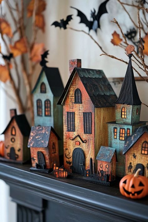 Halloween Houses, Halloween Mantle Decor, Halloween Mantle, Rustic Halloween, Autumn Paper, Elegant Halloween, Halloween Village, Halloween Inspiration, Halloween Deco