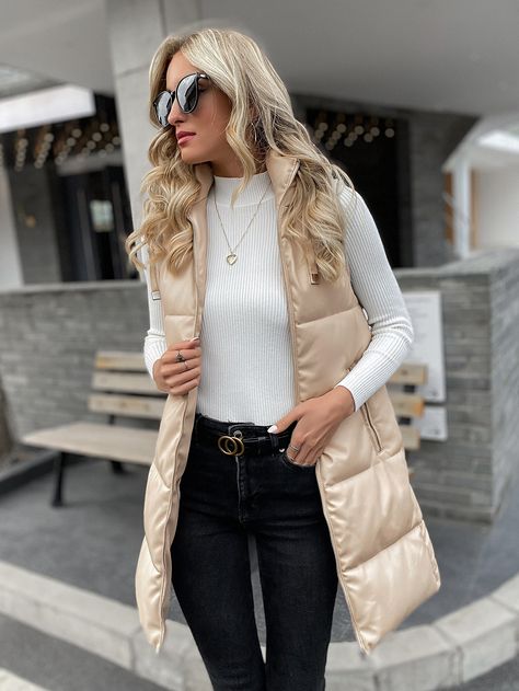 Beige Winter Vest Outerwear, Trendy Beige Winter Vest, Long Puffer Vest Beige, Beige Puffer Jacket With Double-lined Hood For Fall, Sleeveless White Puffer Outerwear, Long Vest Outfit, Hooded Puffer Vest, Aw 2023, Puffer Outfit