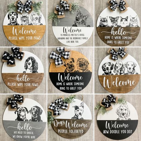 Cat Door Hanger, Welcome Home Signs, Door Signs Diy, Bat Mitzvah Gifts, Pet Door, Black And White Dog, Cat Door, Pet Signs, Pet Owner