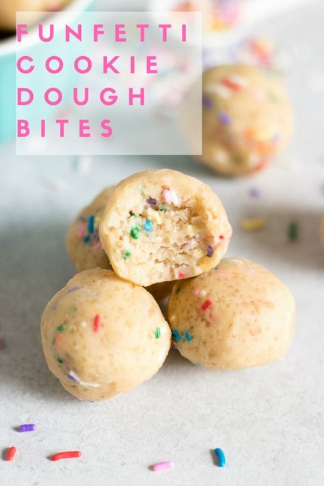 Funfetti Cookie Dough Bites. Eggless sugar cookie dough packed with rainbow sprinkles. Cookie dough you can eat straight from the bowl! #cookiedough #funfetti #funfetticookies #sprinkles #nobake #simplerecipe Funfetti Cookie Dough, Edible Sugar Cookie Dough, Sugar Cookie Dough Recipe, Cookie Dough Ingredients, Edible Cookie Dough Recipe, Funfetti Cookies, Healthy Cookie Dough, Cookie Dough Truffles, Vegan Cookie Dough