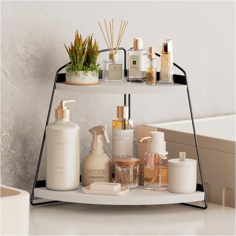 Puricon Corner Bathroom Counter Organizer, 2-Tier Wood Countertop Bathroom Sink Corner Shelf, Vanity Corner Counter Rack for Bathroom Dresser Kitchen -White Bathroom Vanity Organization Countertops, Wood Countertop Bathroom, Corner Counter, Vanity Corner, Bathroom Counter Organizer, Bathroom Vanity Organization, Bathroom Dresser, Dresser Kitchen, Counter Organizer