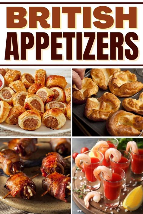 Get a taste from across the pond with these authentic British appetizers. From sausage rolls to Yorkshire pudding to Welsh rarebit, you'll feel like a true Brit with these recipes. Sausage Roll Appetizer, British Food Appetizers, British Buffet Ideas, British Starters Food Recipes, British Charcuterie Board, Great British Bake Off Recipes Savory, British Hors D'oeuvres, British Easter Recipes, English Pub Food Recipes