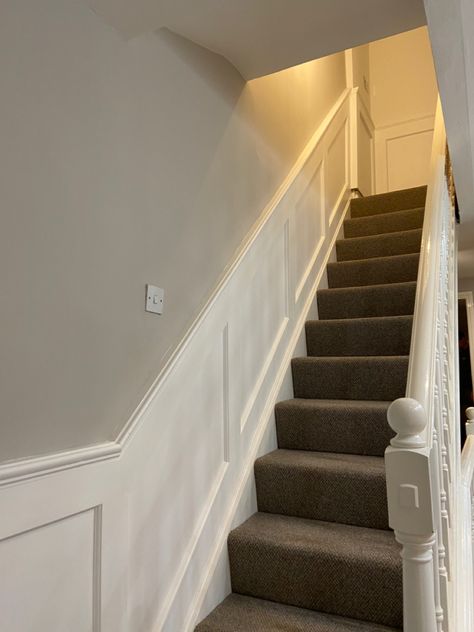 White And Cream Hallway, Eggshell Walls, Cornforth White Hallway, Stair Panelling, Cream Hallway, Moody House, Staircase Paneling, Hallway Panelling, Hallway Paint Colors