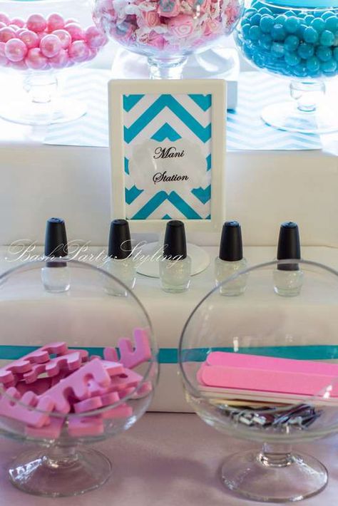 Spa Party Birthday Party Ideas | Photo 1 of 19 | Catch My Party Deco Spa, Spa Day Party, Pamper Night, Kids Spa Party, Nail Station, Girl Spa Party, Kids Spa, Spa Birthday Parties, Spa Birthday