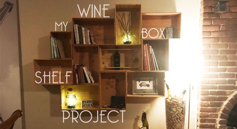 Crate Wall Shelves, Wine Crate Wall, Wine Box Shelves, Wine Box Diy, Wine Box Crafts, Wine Crate Shelf, Wood Living Room Decor, Crate Wall, Diy Kids Room