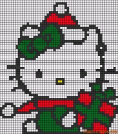 Cross Stitch Pattern - Christmas Hello Kitty - BraceletBook.com Hello Kitty Christmas Perler Beads, Christmas Crochet Ideas, Perler Christmas, Christmas Hello Kitty, Christmas Perler Beads, C2c Crochet Pattern Free, Christmas Tapestry, Kitty Drawing, Hello Kitty Christmas