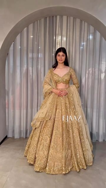 Bridal Lehenga Golden, Engagement Dress For Bride Indian, Golden Bridal Lehenga, Ejaaz Couture, Golden Lehenga, Latest Bridal Lehenga Designs, Engagement Dress For Bride, Bride Reception Dresses, Best Indian Wedding Dresses